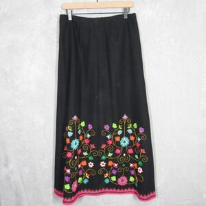 Vintage Black Wool Maxi Skirt 30 in Medium Floral Embroidered Boho Folk Ecuador